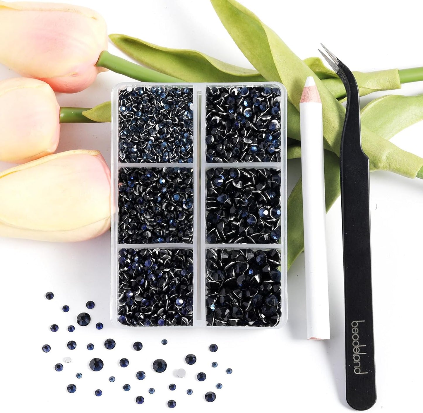 Beadsland 4300pcs Flatback Rhinestones, Dark Blue Rhinestone Nail Gems Round Crystal Rhinestones for Crafts,Mixed 6 Sizes with Picking Tweezers and Wax Pencil Kit, SS6-SS20, Montana
