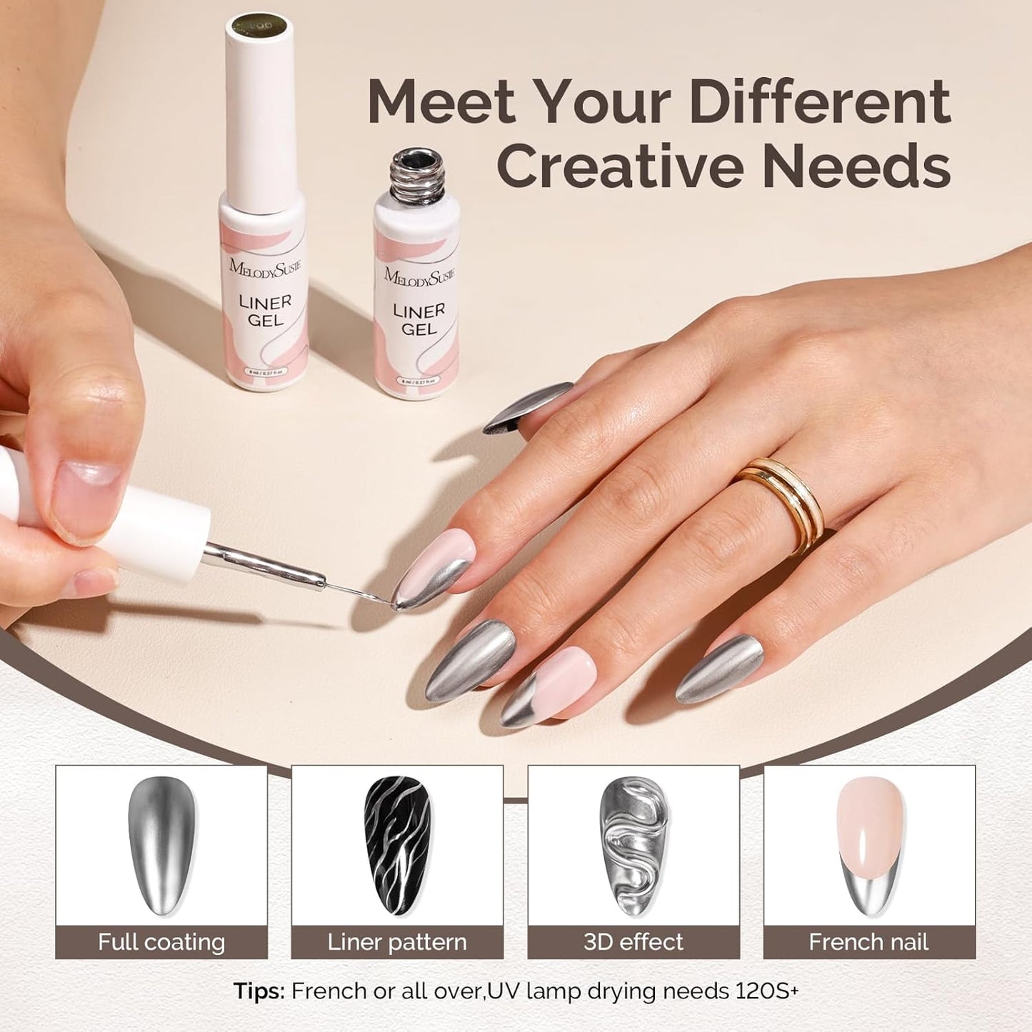 MelodySusie 8ML Silver Gel Liner Nail Art Polish Mirror Chrome 3D Effect,for Line and Patterns of Painting,French Nail Tips,DIY Manicure Pedicure for Home DIY Salon Use