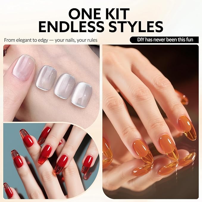 VENALISA 10 ML Jelly Gel Nail Polish Set with DIY Nail tips Kit, 5 Pcs Transparent Yellow Orange Red Brown White Gel Polish Color High Gloss Soak Off U V Nail Manicure Salon DIY