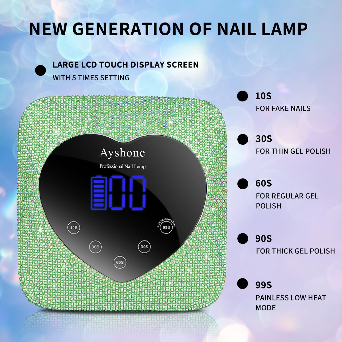 Cordless UV LED Nail Lamp,72W Rechargeable Nail Dryer Gel Polish Light with Large LCD Display,Rechargeable Nail Curing Lamp for Salon & Home (Pearl Green)