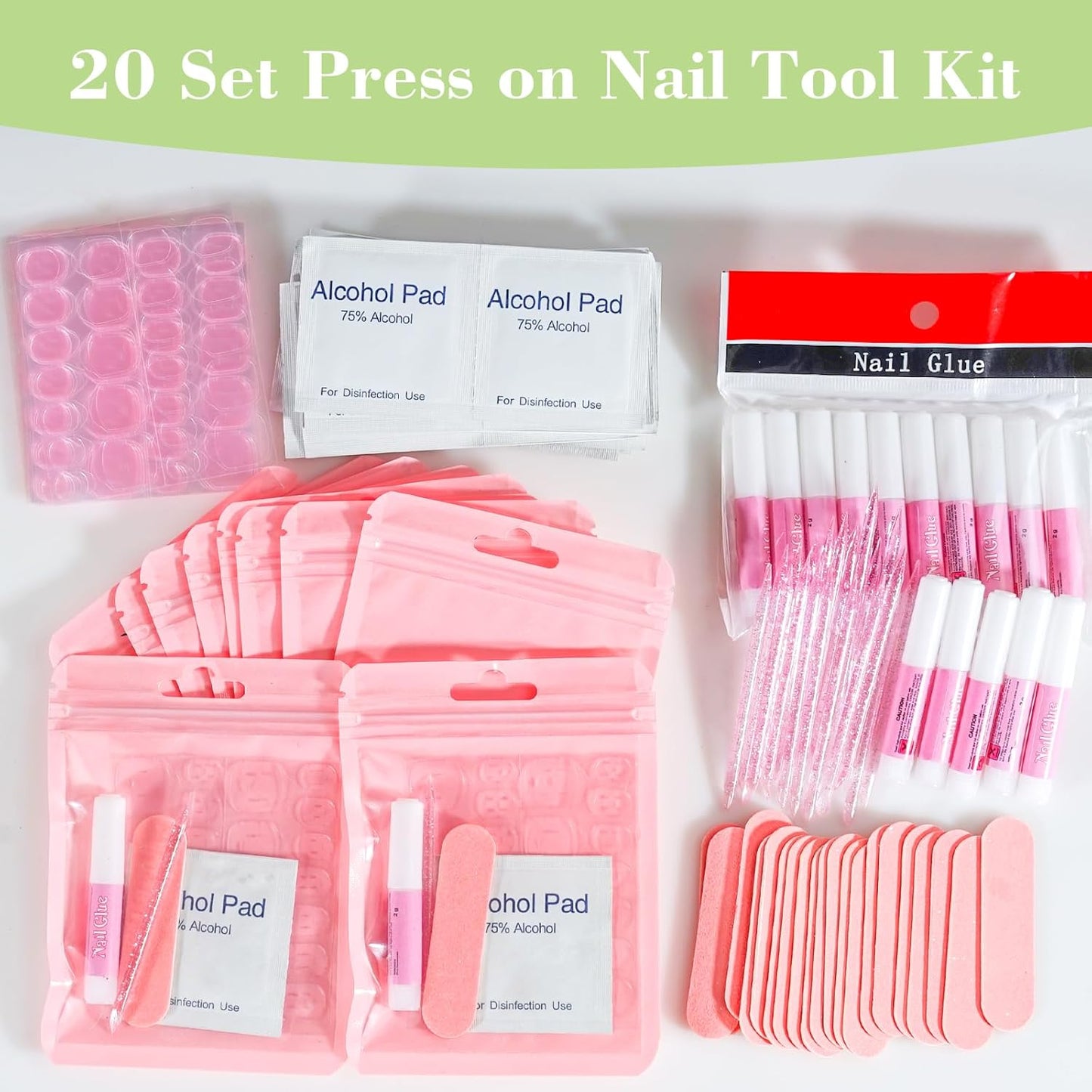 Press On Nail Tool Kit with Everything, Bebbtiy Press On Nail Prep Tool Kit Disposable Manicure Kit with Nail File, Nail Glue, Prep Pads, Adhesive Nail Tabs, Wood Stick, Packaging Bag (20pcs-pink)