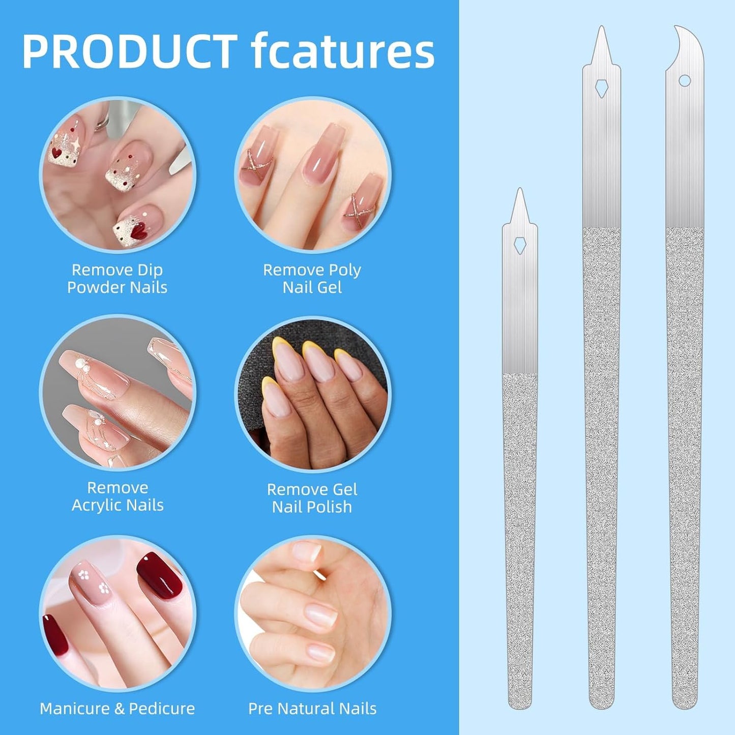 3PCS Diamond Dust Nail File, Fingernail Files with Pointed Tip, Fingernail Files with Pointed Tip/Nail Dresser for Manicure, Double Side Fingernail Toenail Files, Stainless Steel Nail Filer (2 Size)