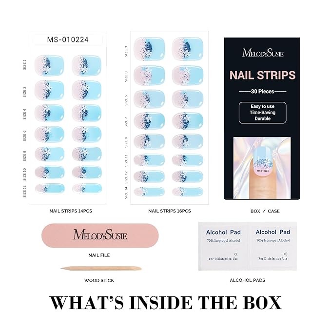 MelodySusie 30PCS Semi Cured Gel Nail Strips (Blue Glitter French Tips), Works with Nail lamp, Salon Quality, Long Lasting, Easy to Apply and Remove, Includes 2 Prep Pads, Nail File and Wooden Stick