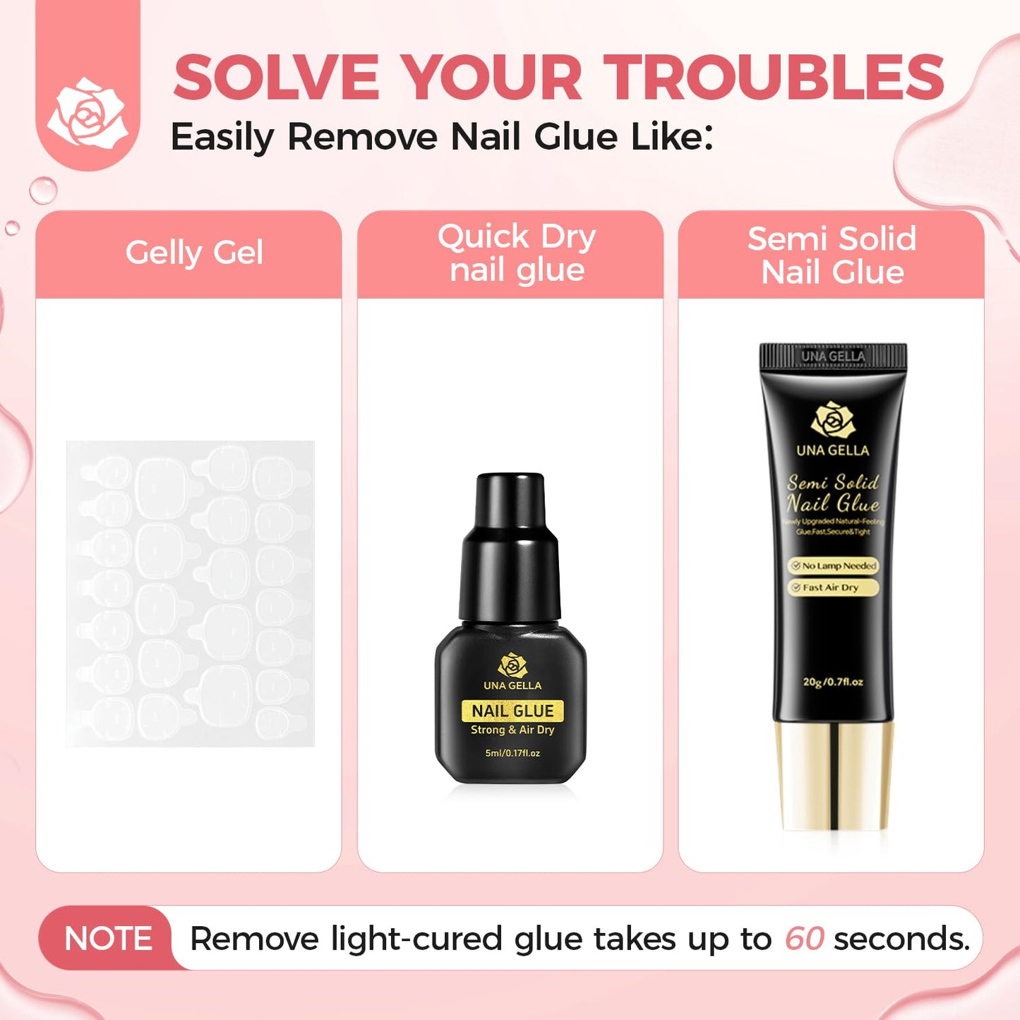 UNA GELLA Inbuilt Crowbar Press On Nail Glue Remover 30ML Acetone-Free Gentle Soak Off Gel Nail Glue Polish Remover for Nail Tip Adhesive Glue Easily Home DIY Not for U V Cured Gel