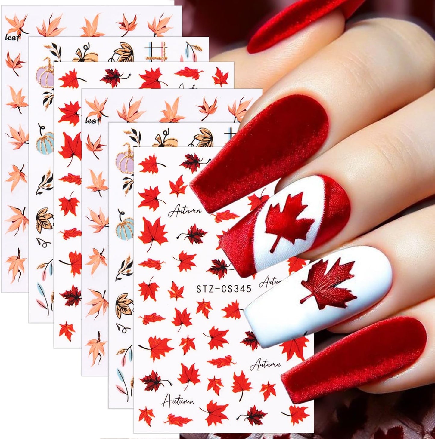 6 Sheets Fall Nail Stickers for Nail Art Orange Red Maple Leaves Nail Art Stickers Glitter Thanksgiving Pumpkin Nail Decals 3D Self-Adhesive Autumn Maple Leaf Nail Decoration for Women