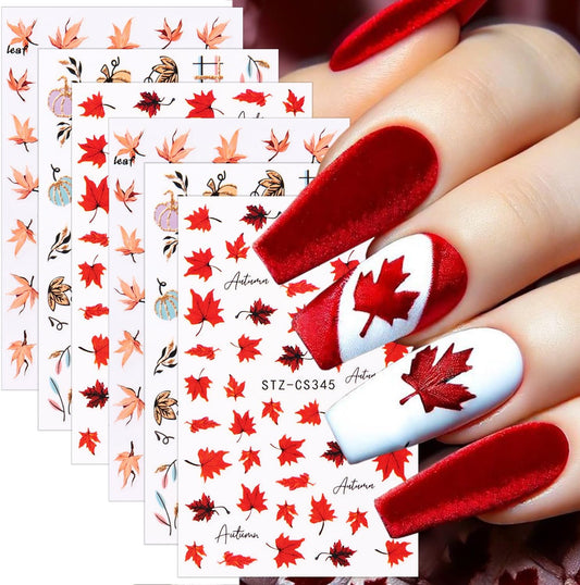 6 Sheets Fall Nail Stickers for Nail Art Orange Red Maple Leaves Nail Art Stickers Glitter Thanksgiving Pumpkin Nail Decals 3D Self-Adhesive Autumn Maple Leaf Nail Decoration for Women