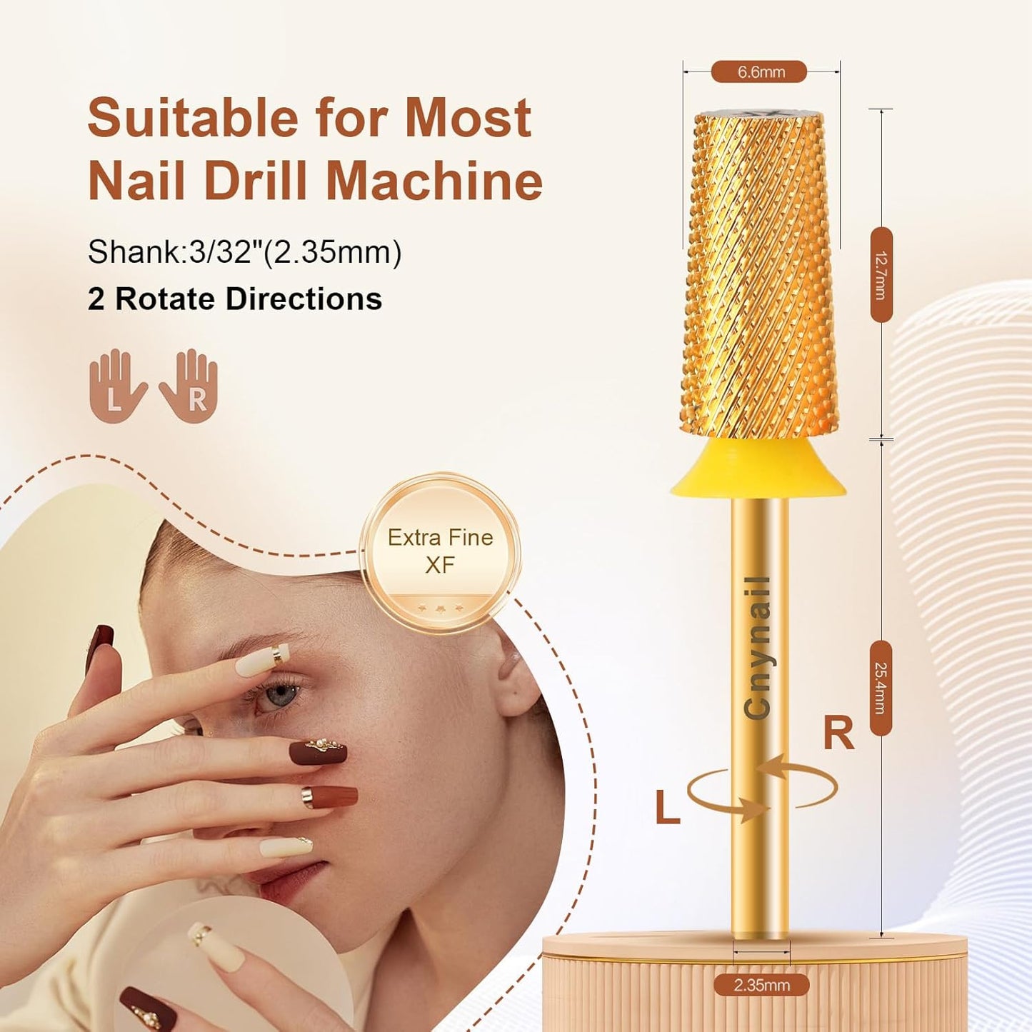 3/32" Large Tapered Barrel Flat Bit Tungsten Carbide Nail Drill Bit Safety Bit for Gel & Acrylic Removal, 2- Way Rotating Efile Tip, Salon Electric File Accessory (XF Girt, Gold)
