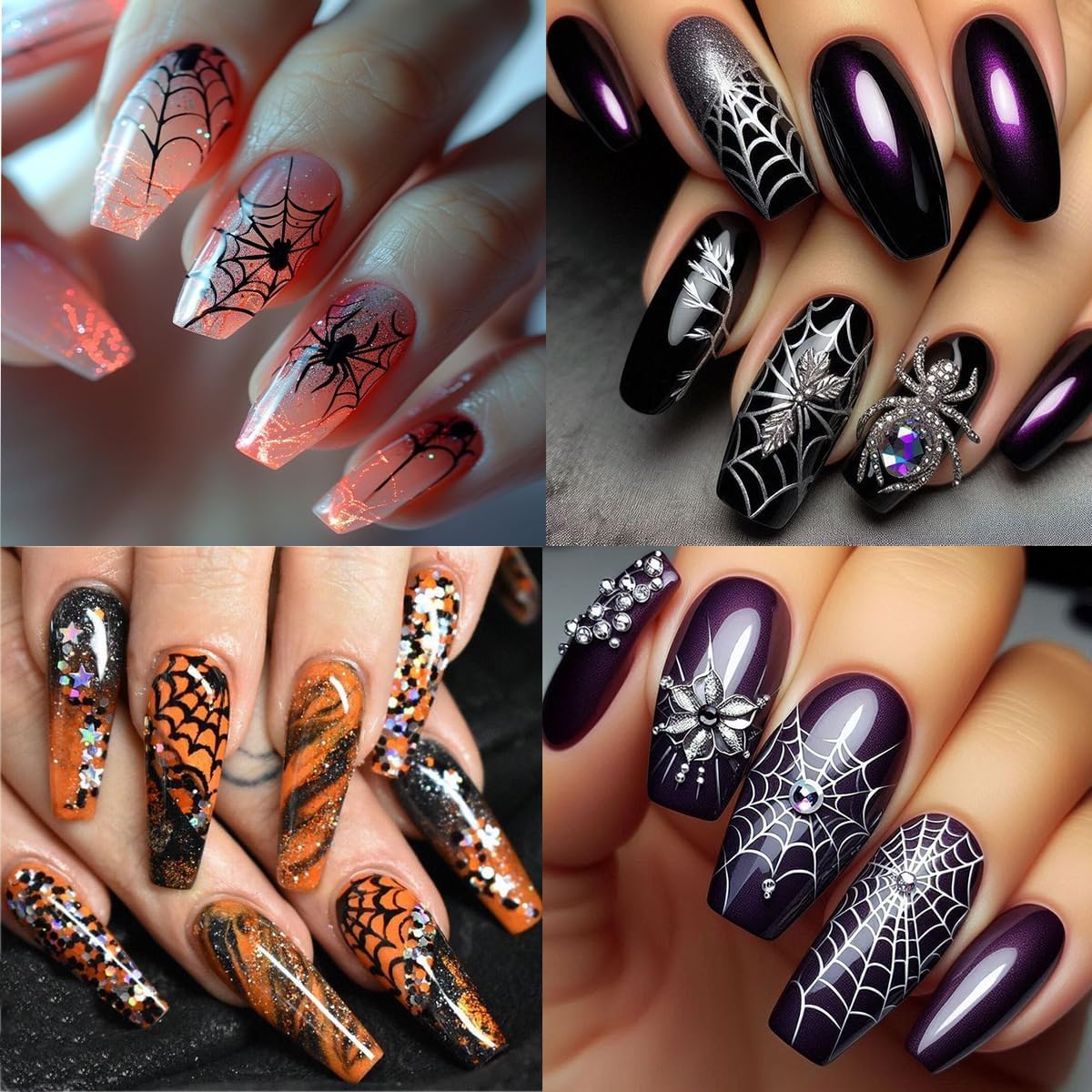 5 Sheets Halloween Nail Stickers for Nail Art 3D Self-Adhesive Spider Web Nail Art Stickers White Black Silver Laser Gold Spider Nail Decals Goth Nail Art Supplies for Women Acrylic Manicure Salon