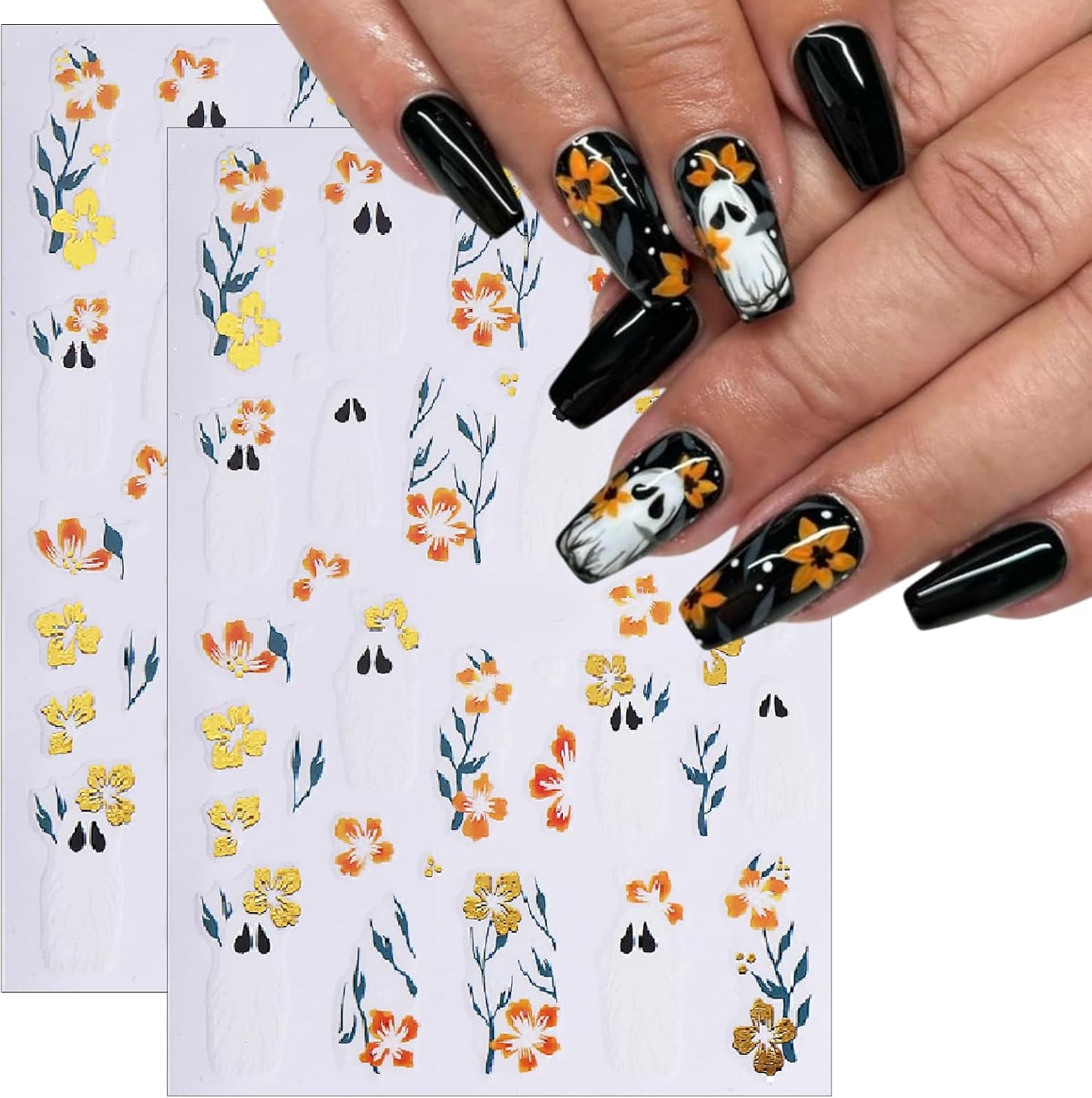 8 Sheets Halloween Nail Art Stickers Decals Halloween Cute Ghost Flower Nail Stickers Gold and Silver Hibiscus Flowers Designs Nail Decals for Women Girls DIY Manicure Decorations
