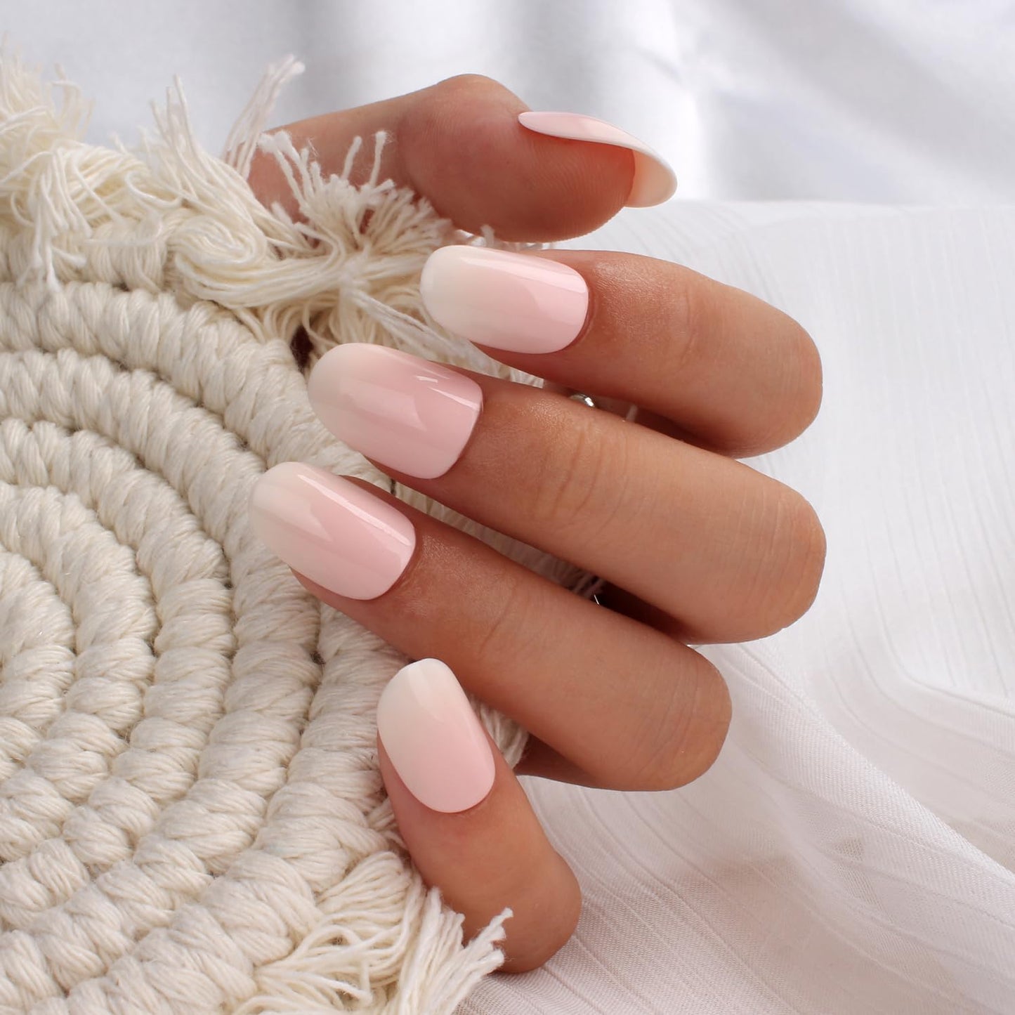 Pink Ombre Press-On Nails, Medium Short Square Shape, Glossy Gel Finish, 24pcs Reusable Nude Gradient Fake Nails Kit for Women, Natural Stick-On Acrylic Nails for DIY Manicure