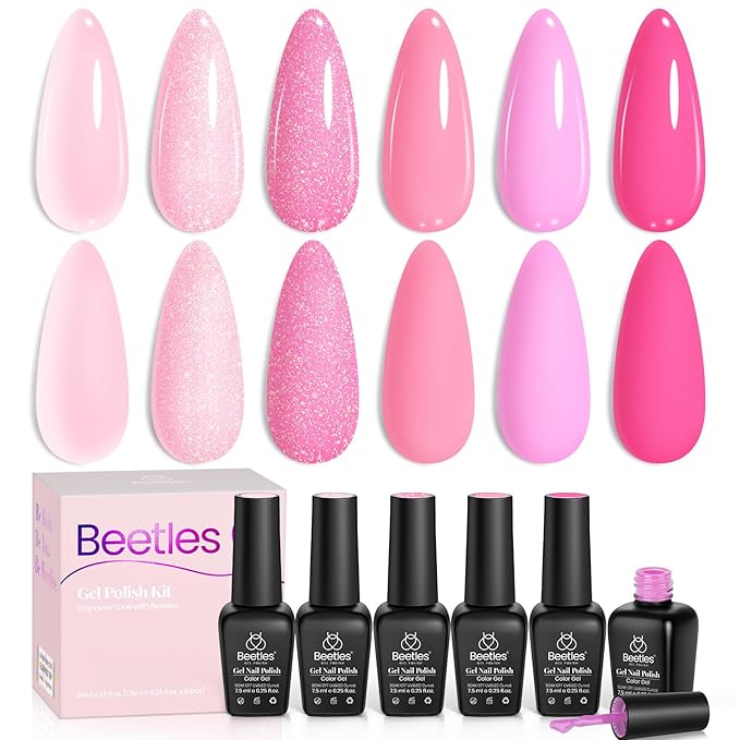 Beetles Pink Gel Nail Polish, 6 Colors Hot Pink Glitter Bright Jelly Gel Polish Soak off Uv LED Cured Nail Art Design Salon Home DIY Manicure Gifts for Women