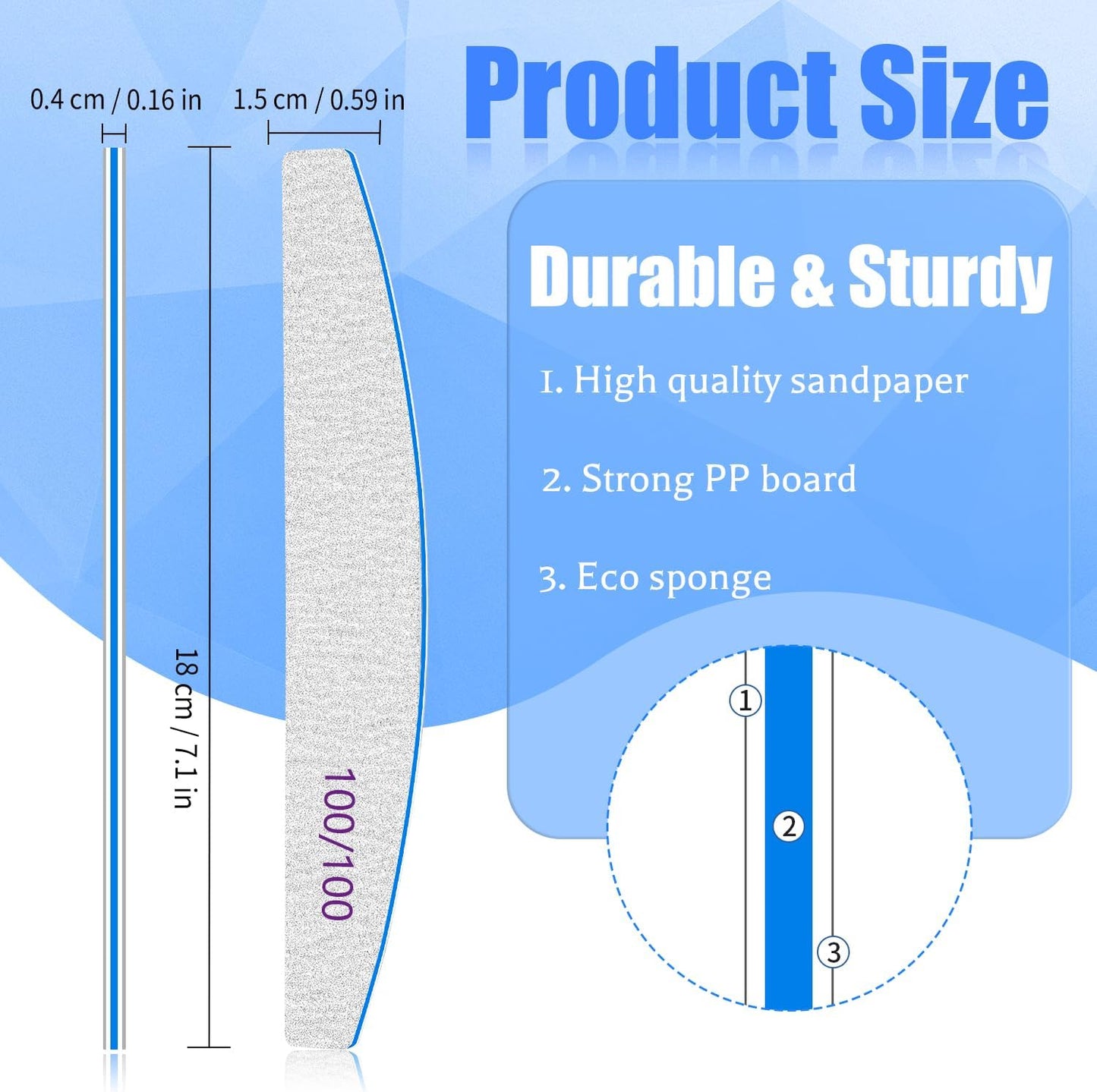 12 PCS Nail Files for Acrylic Nails, 100/100 Grit Nail File for Poly Nail Extension Gel Emery Boards Nail Files Doubled Sides Coarse Washable Nail File Manicure Tools for Home and Salon Use