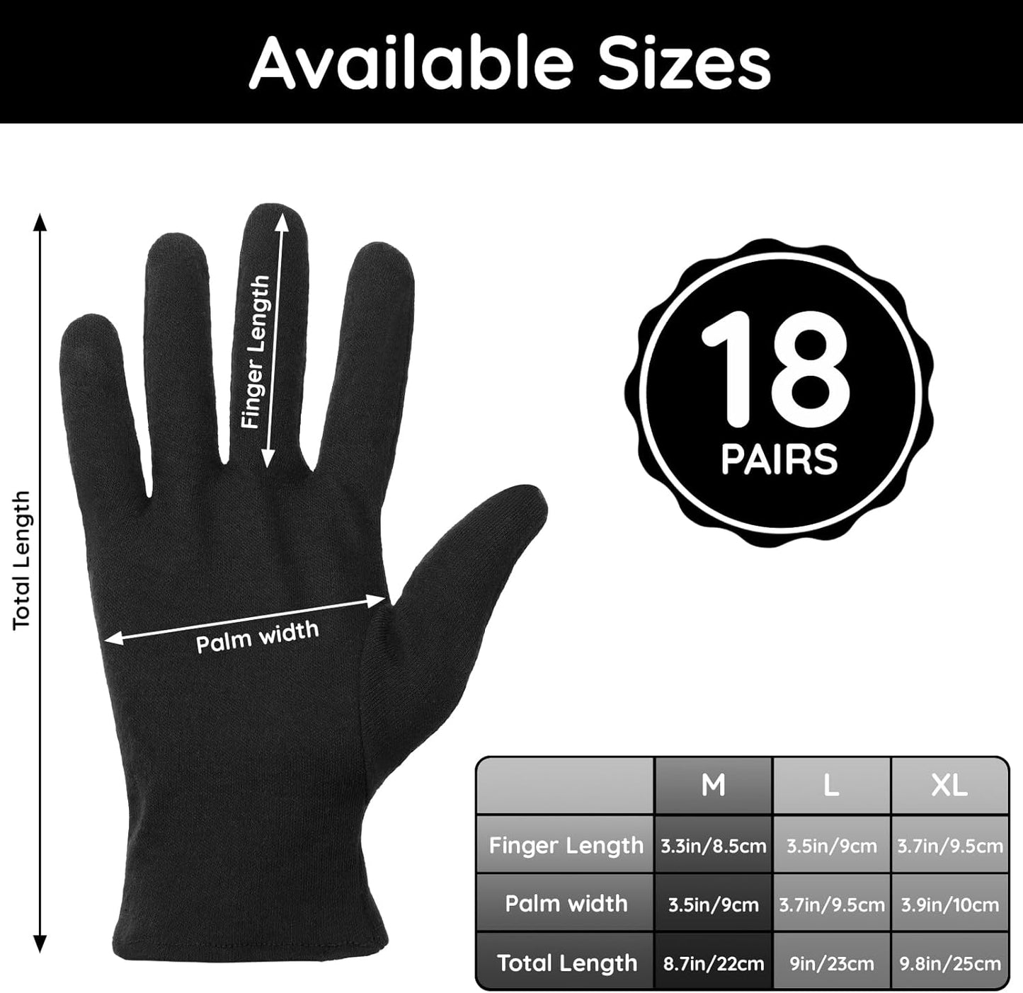Segbeauty 36 Counts Gel Lotion Cotton Gloves Black for Dry Hands Overnight, 18 Pairs Bulk Hand Moisturizing Gloves Overnight, Hand Care Reusable Soft Moisture Cotton Glove for Working Women Men Medium