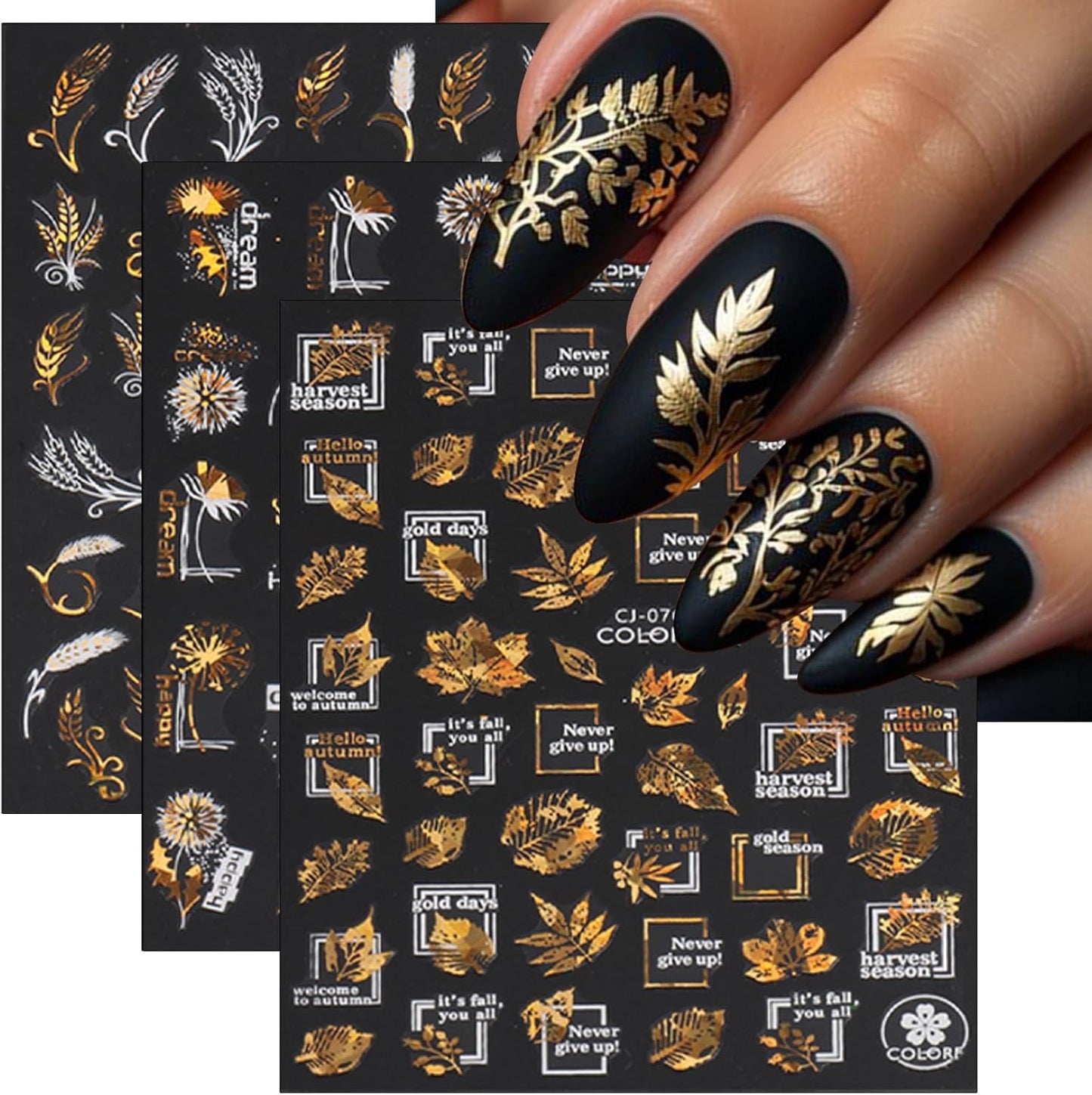 9 Sheets Bronzing Fall Nail Art Stickers 3D Glitter Metallic Maple Leaf Nail Stickers Autumn Laser White Gold Leaves Flower Nail Designs Thanksgiving Holiday Sticker for Women Manicure Tips