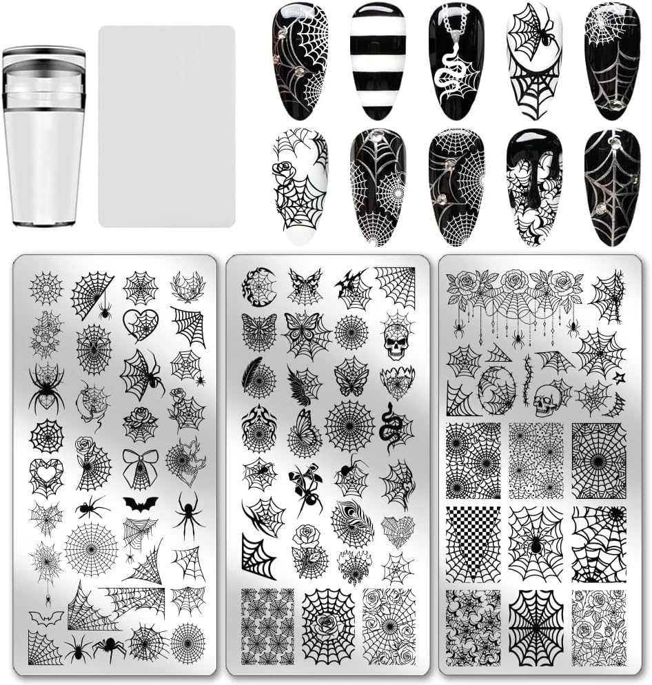 PH PandaHall 3pcs Spider Web Nail Stamping Plates Halloween Nail Art Plates Gothic Skull Nails Image Plates Spooky Cobwebs Patterns Manicure Art Templates for DIY Print Manicures Salon Design