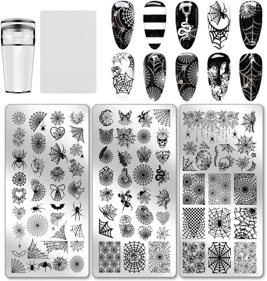 PH PandaHall 3pcs Spider Web Nail Stamping Plates Halloween Nail Art Plates Gothic Skull Nails Image Plates Spooky Cobwebs Patterns Manicure Art Templates for DIY Print Manicures Salon Design