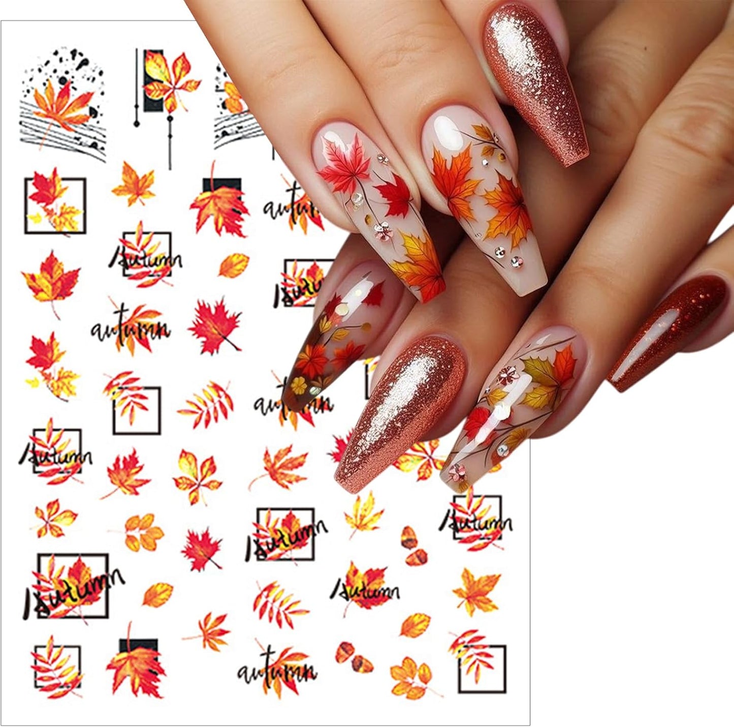 8 Sheets Fall Nail Stickers for Nail Art 3D Magic Maple Leaf Nail Decals Self-Adhesive Hot Stamping Leaves Nail Stickers Fall Ginkgo Leaf Design Sticker for Women Thanksgiving Manicure Decoration