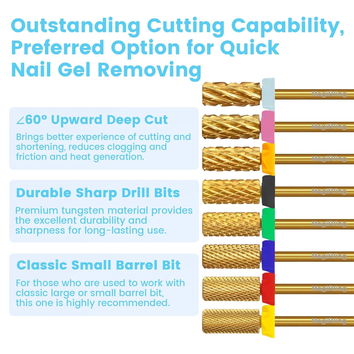 3/32'' Super Cut Nail Drill Bits for Fast Hard Gel Removal, MagiBling Tungsten Carbide Bits for Professional Users, Upward Deep Cut, Right Hand Use, Manicure Cuticle Gel Polishing, Extra Fine.