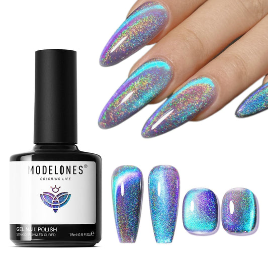 modelones 9D Magnetic Cat Eye Gel Nail Polish, 15 ML Glitter Holographic Glass Rainbow Gel Polish Blue Purple Shimmer Reflective Iridescent Soak Off U V LED Summer Nails Top Coat for Women Girl