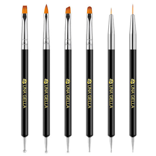 UNA GELLA Nail Art Brushes Set 6PCS Black Color Double-ended Acrylic Nail Design Brush Set Nail Dotting Tools Nail Art Gel Polish Liner Brushes for Gel Polish Painting DIY Nail Salon
