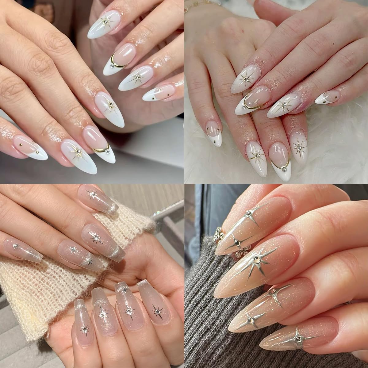 4Pcs Glitter Star Nail Stickers French Tip Nail Art Stickers with Rhinestones Design Star Sticker Gold Silver French Stars Nails Decals DIY Starlight Nails Supplies for Women Frenchs Manicure Charms
