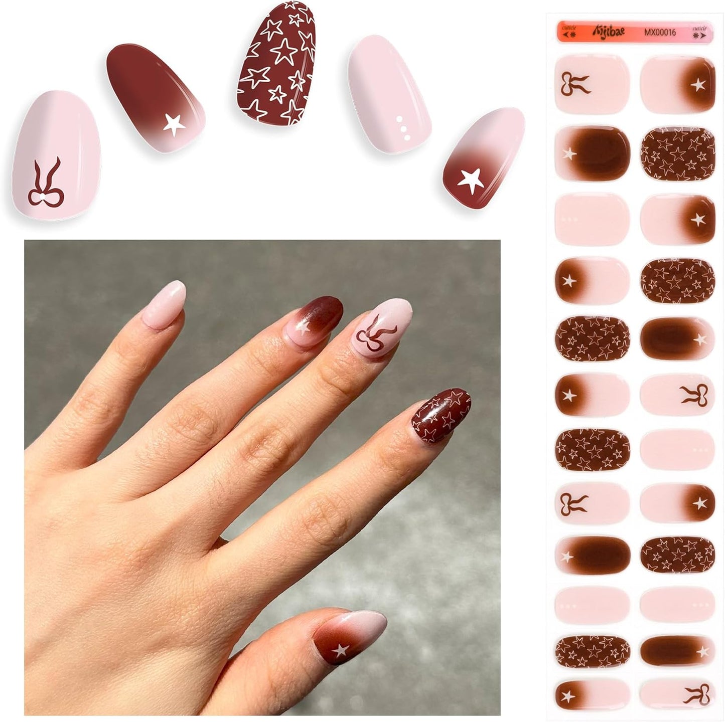 Semi Cured Gel Nail Strips - Trendy Nail Polish Wraps Works with Any UV Lamp - Long Lasting Easy Salon Manicure - 24pcs with 2 Prep Pads, Nail File & Cuticle Stick (Star Girl)