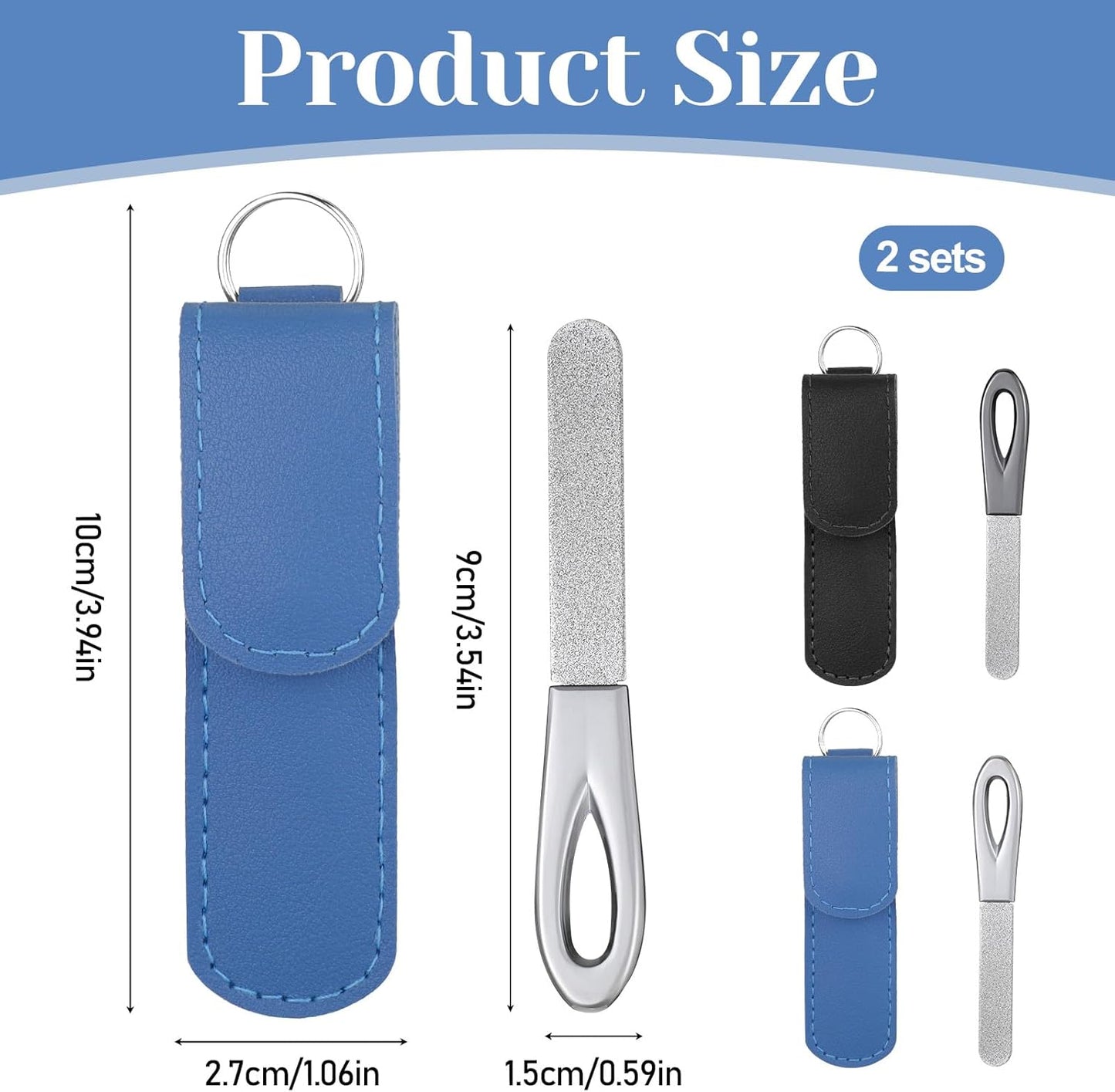 2 Pack Metal Nail File with Case, 3.6 in Travel Keychain Nail File for Natural Nails, Metal Diamond Double Sided Grit Nail Toenail Files with Leather Cases for Women Men