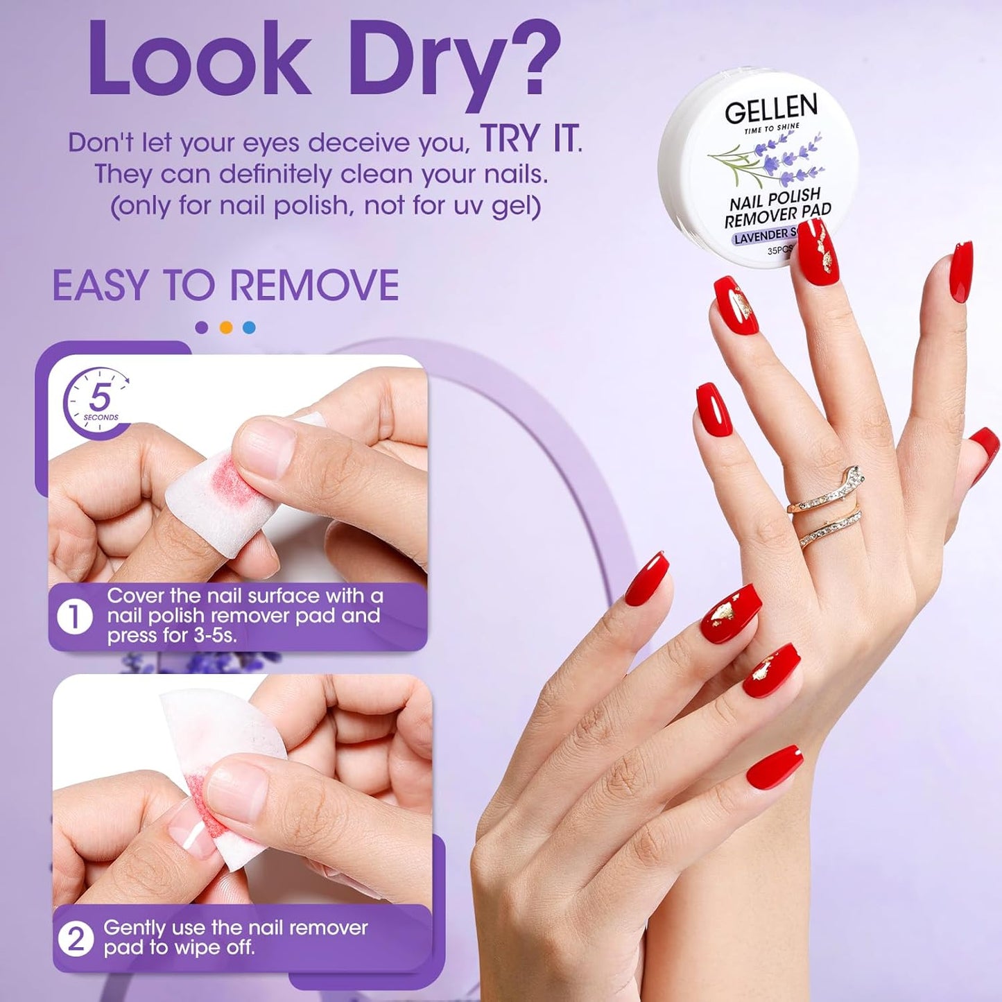 Gellen Nail Polish Remover Pads Acetone Free, Lavender Sent Nail Polish Remover Wipes for Fingernail Toenail, No Drying Formula,140pcs Travel Size Bulk Set, No Leakage, Long-lasting For 12+ Months