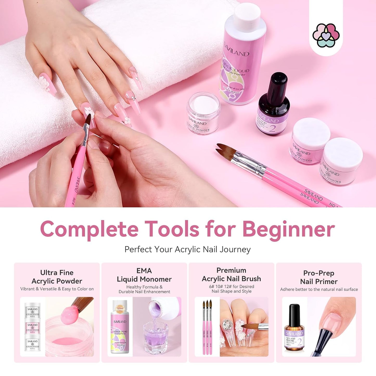 Saviland Acrylic Nail Kit for Beginners: Keratin Acrylic Powder Castor Oil Vitamin E Gel Nail Polish Primer 180W Nail Lamp Nail Drill Full Tools Everything Home Starters