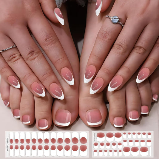 EBANKU 52Pcs Semi-Cured Gel Strips for Toes, Real Polish Sticker, Long-Lasting French Manicure Stickers, Salon Nails at Home, Requires UV Light With Nail File & Stick