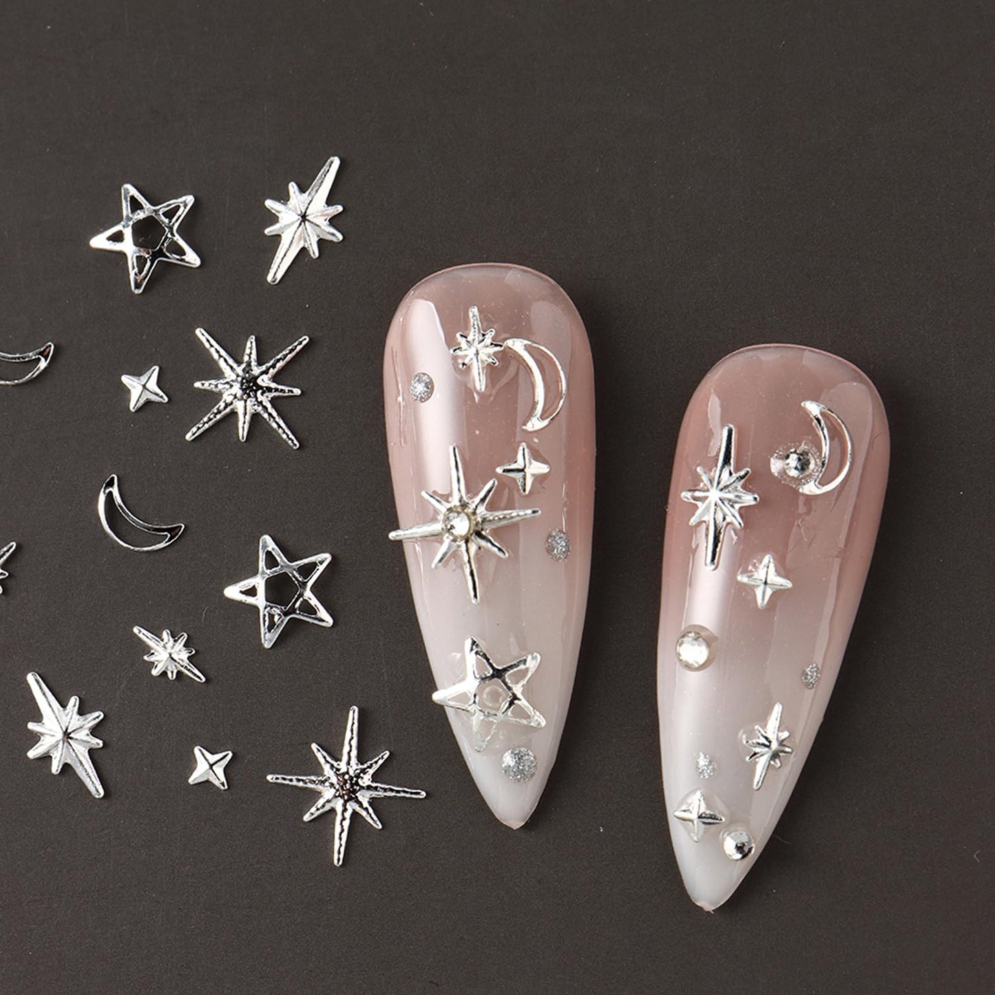 Star Nail Charm for Nails,3D Gold Silver Star Nail Art Charm 2Box Metal Five-Pointed Star Gold Silver Stars Moon Rivet Nail Accessories Metallic Studs Rhinestones Star Nail Jewelry Decor Manicure Kit