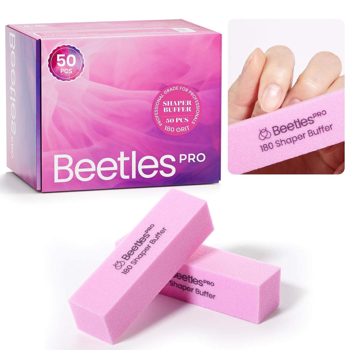 Beetles Nail Buffer Sanding Block 50 Pcs 180 Grit Polisher Buffing File 4 Sides Nail Files Pink Art Pedicure Manicure File for Acrylic Nails and Natural Nails