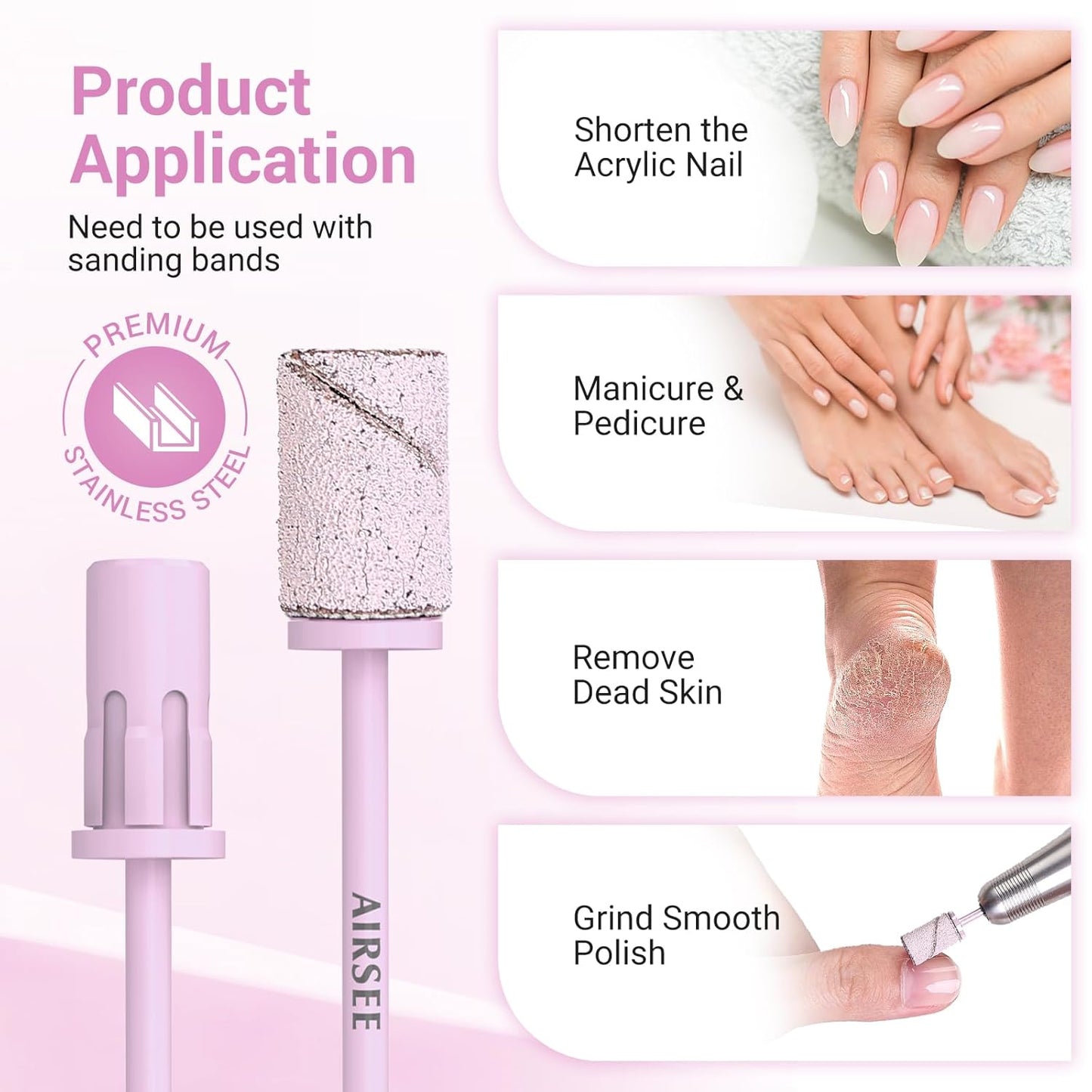 AIRSEE Nail Drill Mandrel Bit for Efile Sanding Bands, Stainless Steel Professional Electric File Head for Clean Cuticle Removing, Acrylic Tip Dead Skin Sander Remover Manicure Safety (Pistil Pink)