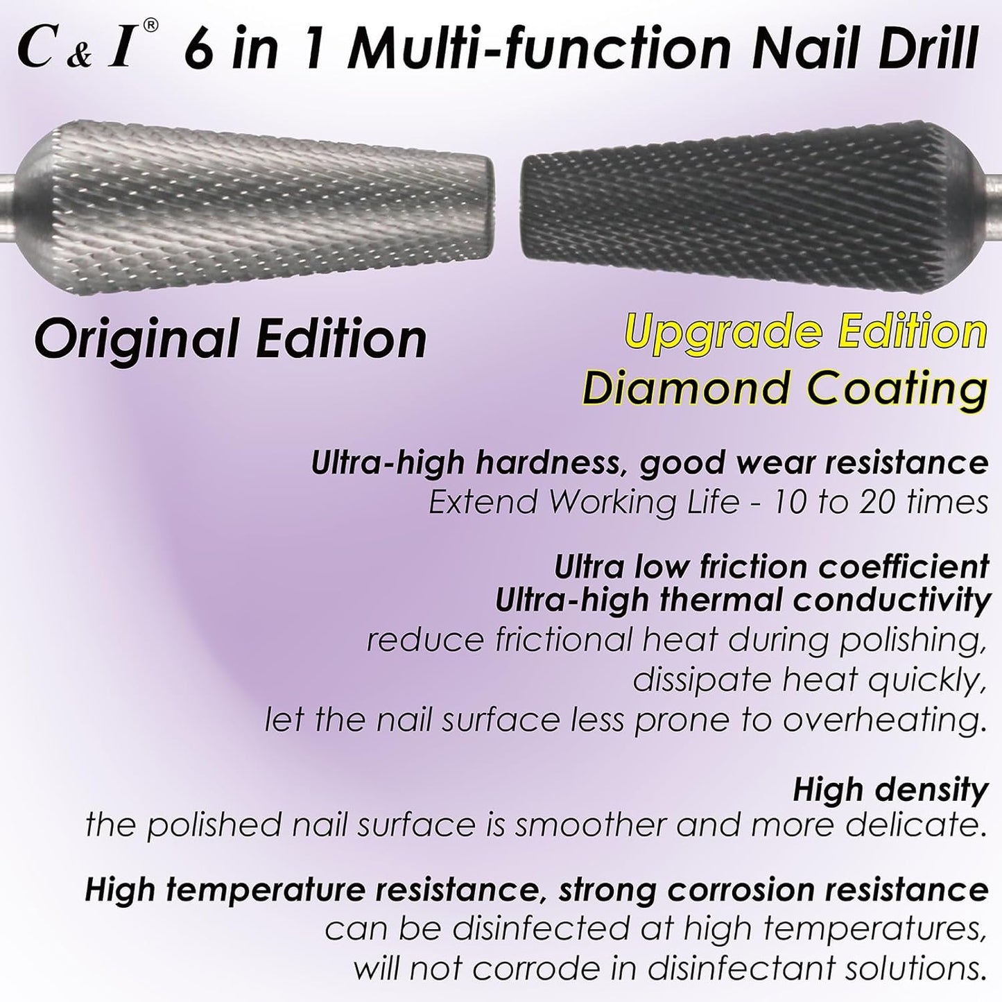C & I Nail Drill Bit 6 in 1 Multi-function Rounded End E-file, Diamond Coat, CNC Overall Cut Nail Tools for Nail Techs Quick Remove Acrylic Nail Gels & Nail Art (Special Coat, Middle -M)
