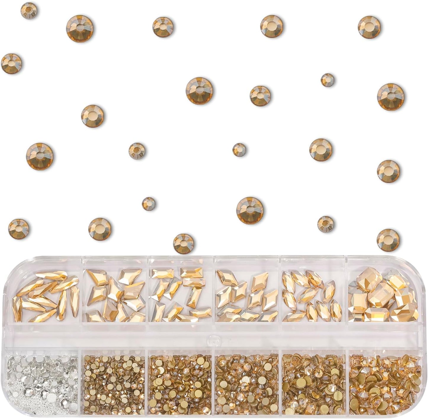 Multi Shapes Champagne Gold 3D Glass Crystal Nail Rhinestones Kit Mix 0.8mm Silver Nail Round Beads Charm Flatback Gems 5 Grids Flatback Rhinestones Stone Diamond for Manicure Makeup DIY Decoration