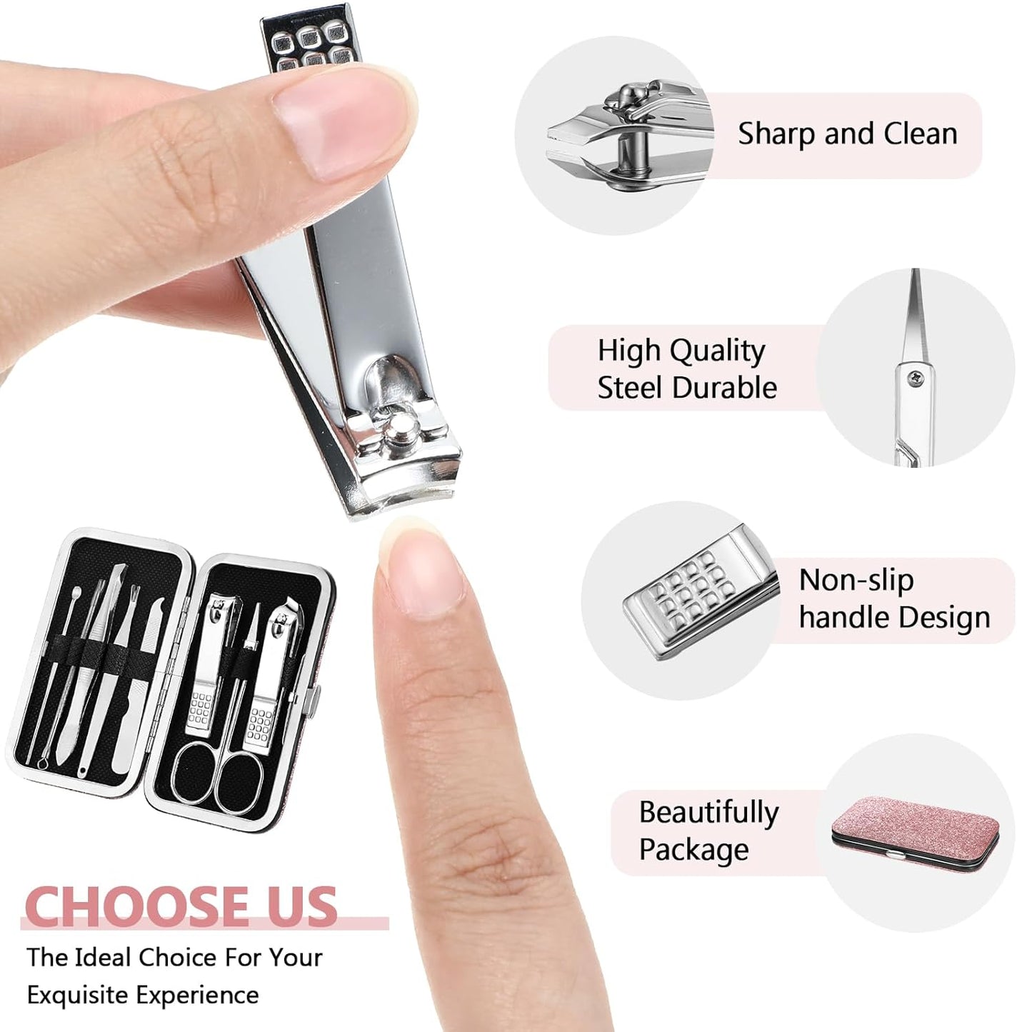 Geosar 12 Sets Manicure Set Nail Clippers Pedicure Kit 8 in 1 Grooming Stainless Steel Kits Nail Care Tools with Travel Case Xmas Gifts for Men Women(Glitter Pink)