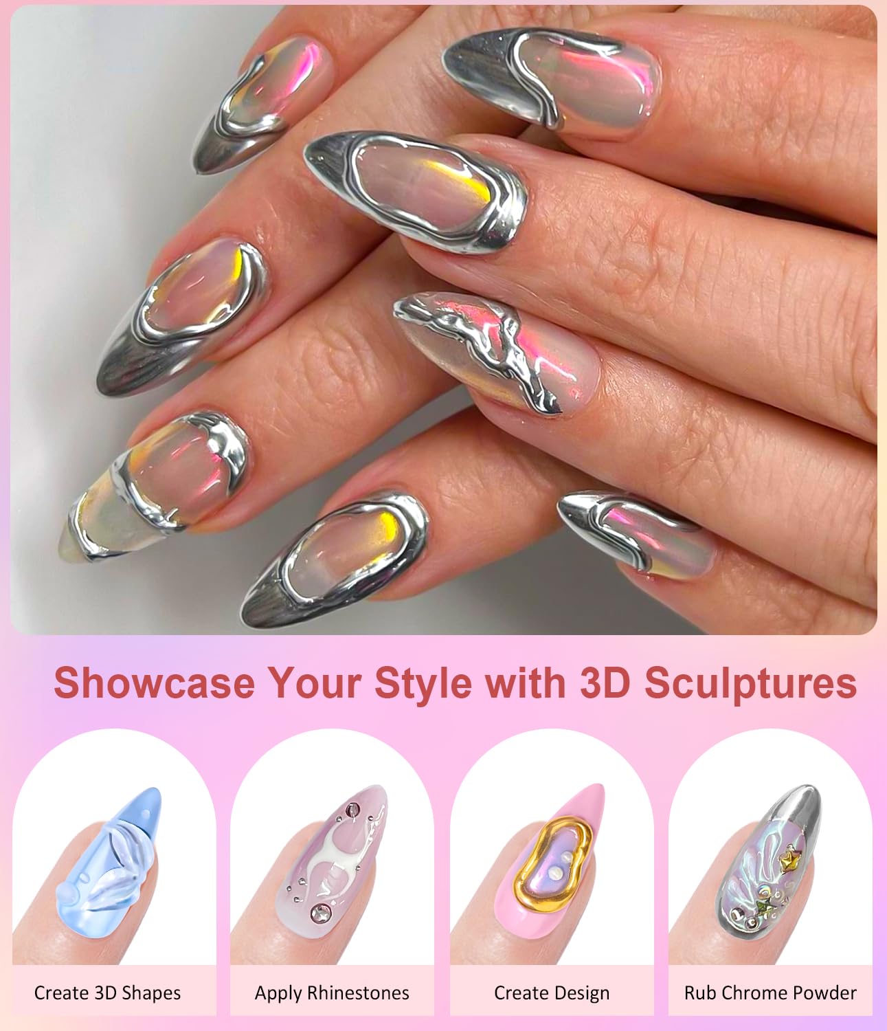 3D Nail Gel and Chrome Nail Powder Kit BISHENGYF: 15g No Wipe 3D Sculpting Gel Aurora Rose Pink White Pearl Gold Chrome Nail Powder with Clear 3D Carving Nail Molding Glue Set for Nail Art Decoration