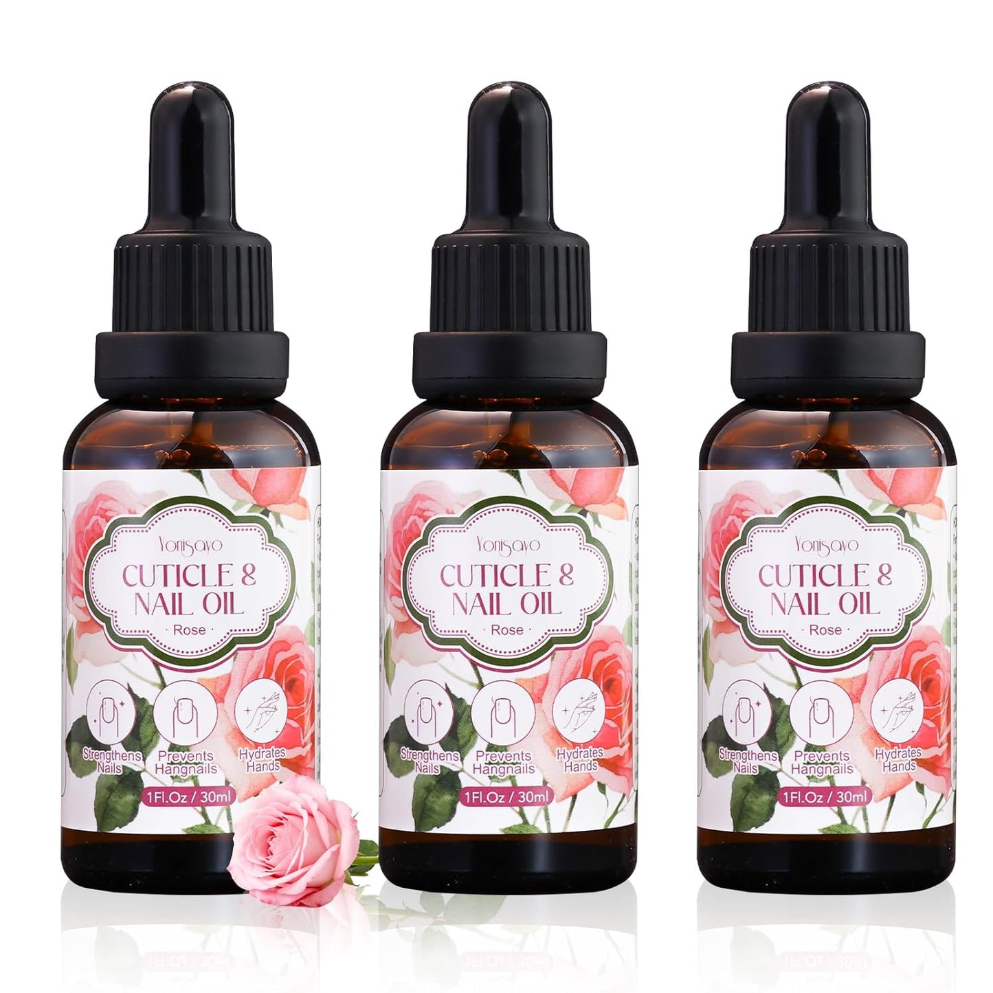 3 in 1 Cuticle Oil, 3 Pack Rose Nails Care Oil to Strengthen Brittle Nails, Hydrate Dry Cuticles & Soften Hands, Fast-Absorbing