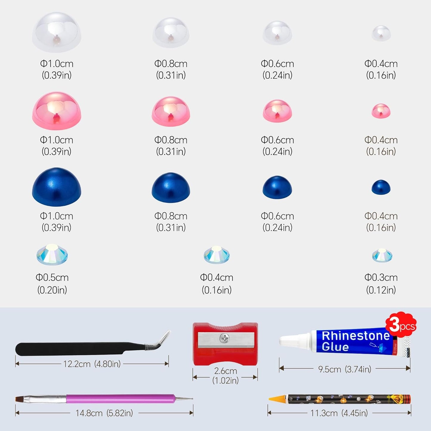 60g Pink Blue Flatback Rhinestones Half Pearls for Crafting, Mixed Size 3mm-10mm Resin Rhinestones for Bedazzling, Small Pearls for DIY Tumblers Mugs Nail Art Shoes Clothes with Glue