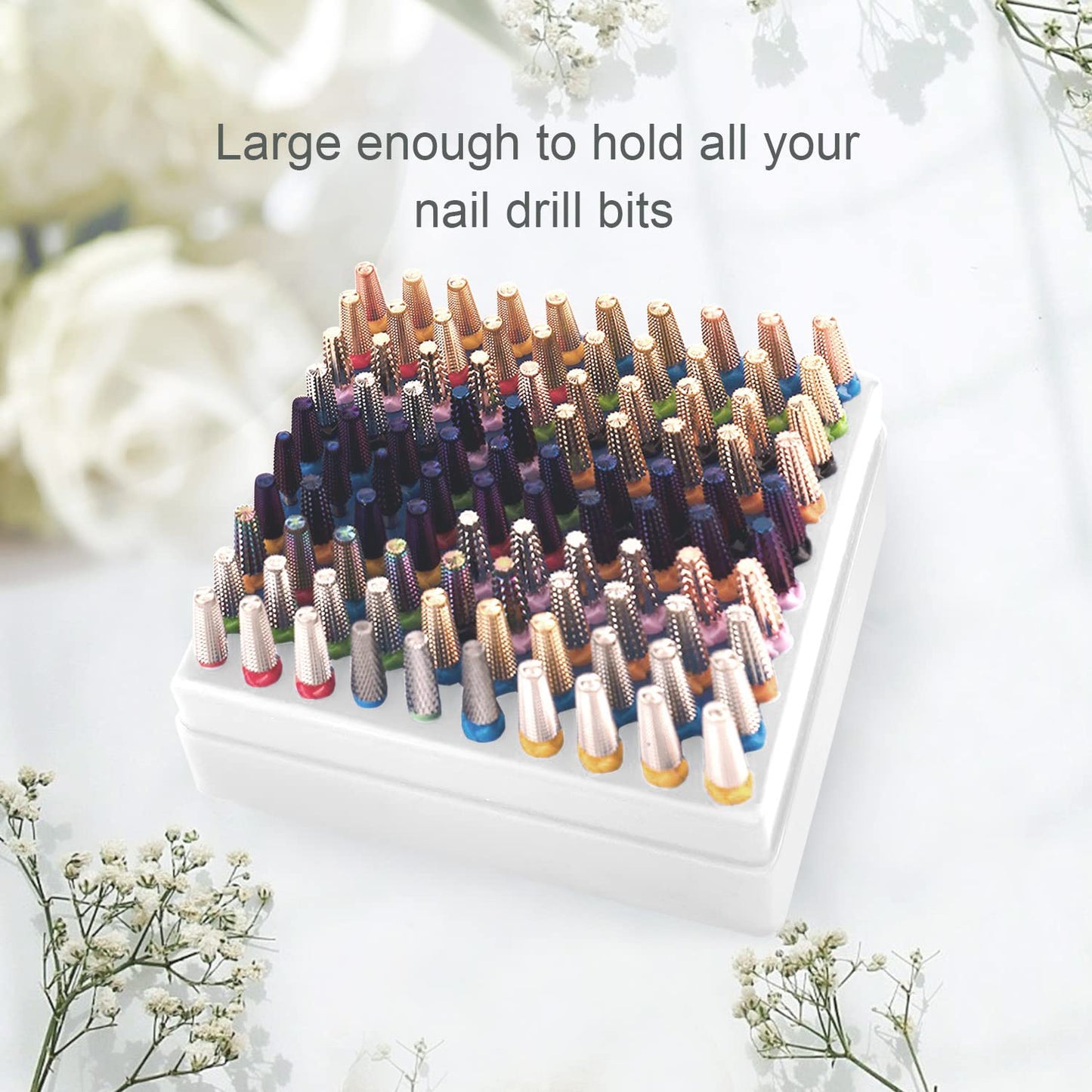 CORFULRA Nail Drill Bits Holder, Nail Organizer Box for Nail Drill Bits, Large Space Container Case for Drill Bits, 100 Holes Dustproof Displayer Box of Nail Supplies for Nail Tech, White