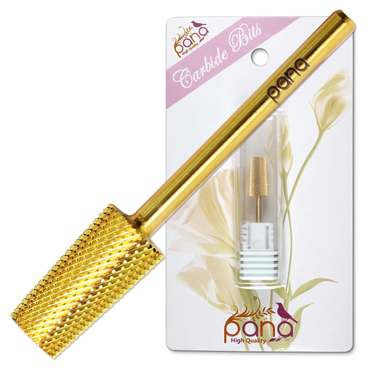 PANA Tapered Barrel Carbide 3/32" Shank Size - (Gold, Extra Fine Grit) - Fast remove Acrylic or Hard Gel Nail Drill Bit for Manicure Pedicure Salon Professional or Beginner