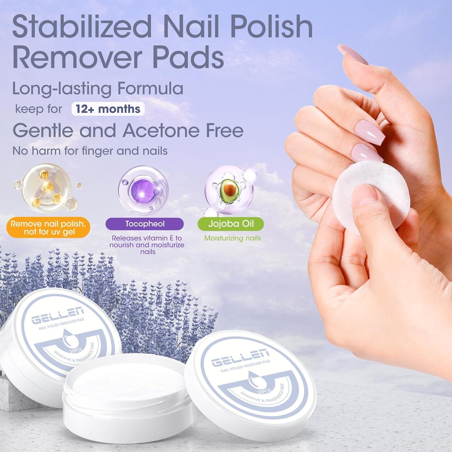 Gellen Non Acetone Nail Polish Remover Pads, Fragrance Free Nail Polish Remover Wipes, No Drying Formula Vitamin E & Jojoba Oil, 140pcs Travel Size Bulk Set, No Leakage, Long-lasting For 12+ Months