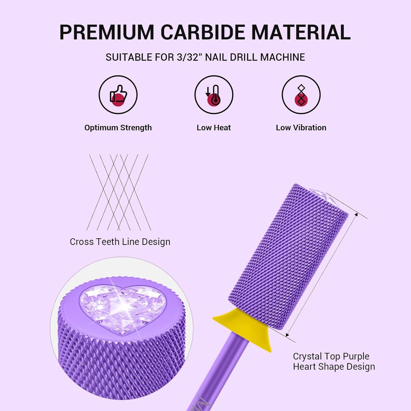 MelodySusie Large Barrel 3/32'' Tungsten Carbide Nail Drill Bit, Crystal Top Purple Heart Shape, Fast Remove Acrylic Gel, Cuticle Gel Polishing for Manicure Pedicure, Purple, Series Bit-S, XF