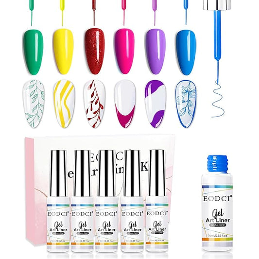 Nail Art Liner Set 6 Pcs Neon Green Blue Hot Pink Yellow Glitters Colors Paint Swirl Built Thin Brush in Bottle Soak off Led Lamp Gel Liner Nail Polish Manicure Kits