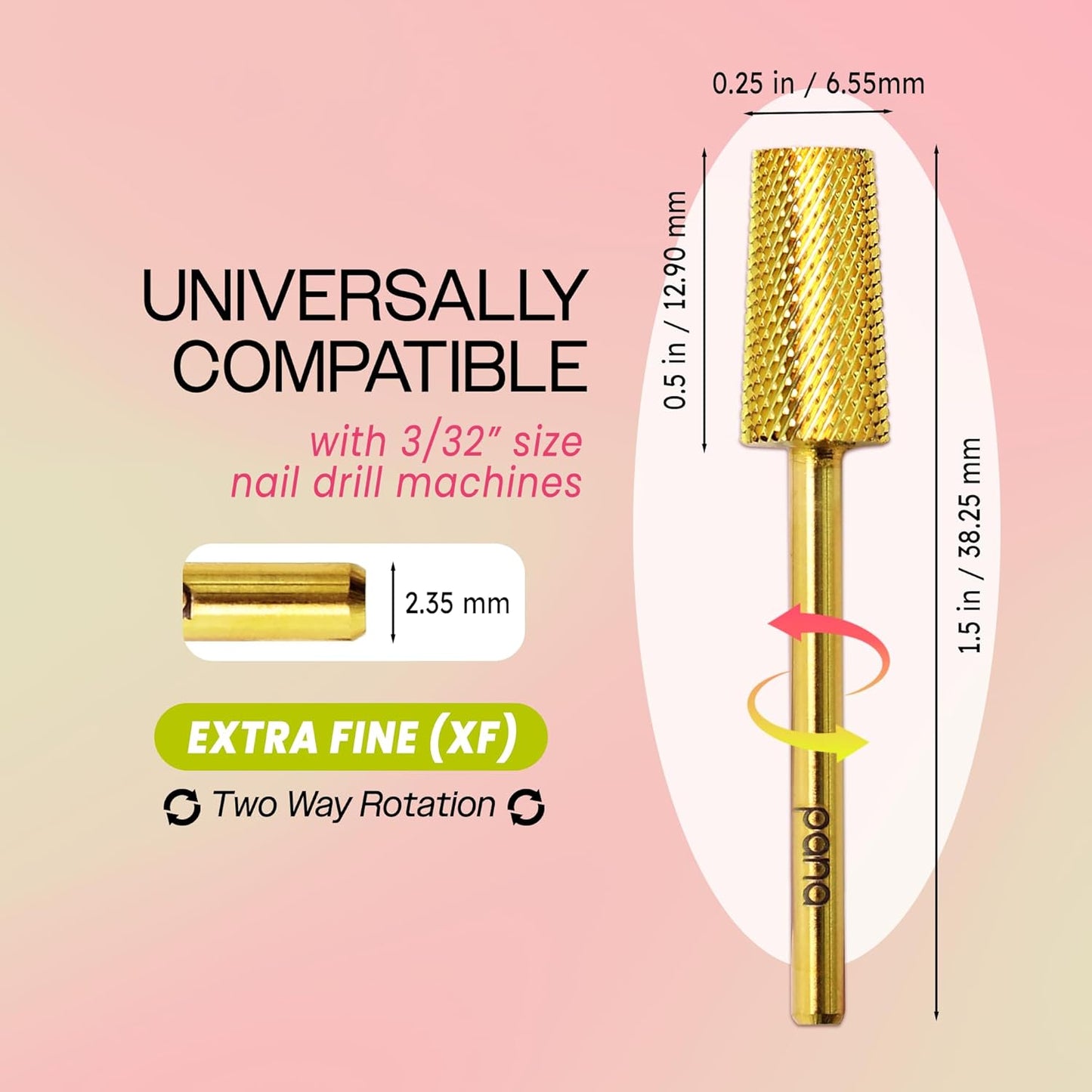 PANA Tapered Barrel Carbide 3/32" Shank Size - (Gold, Extra Fine Grit) - Fast remove Acrylic or Hard Gel Nail Drill Bit for Manicure Pedicure Salon Professional or Beginner