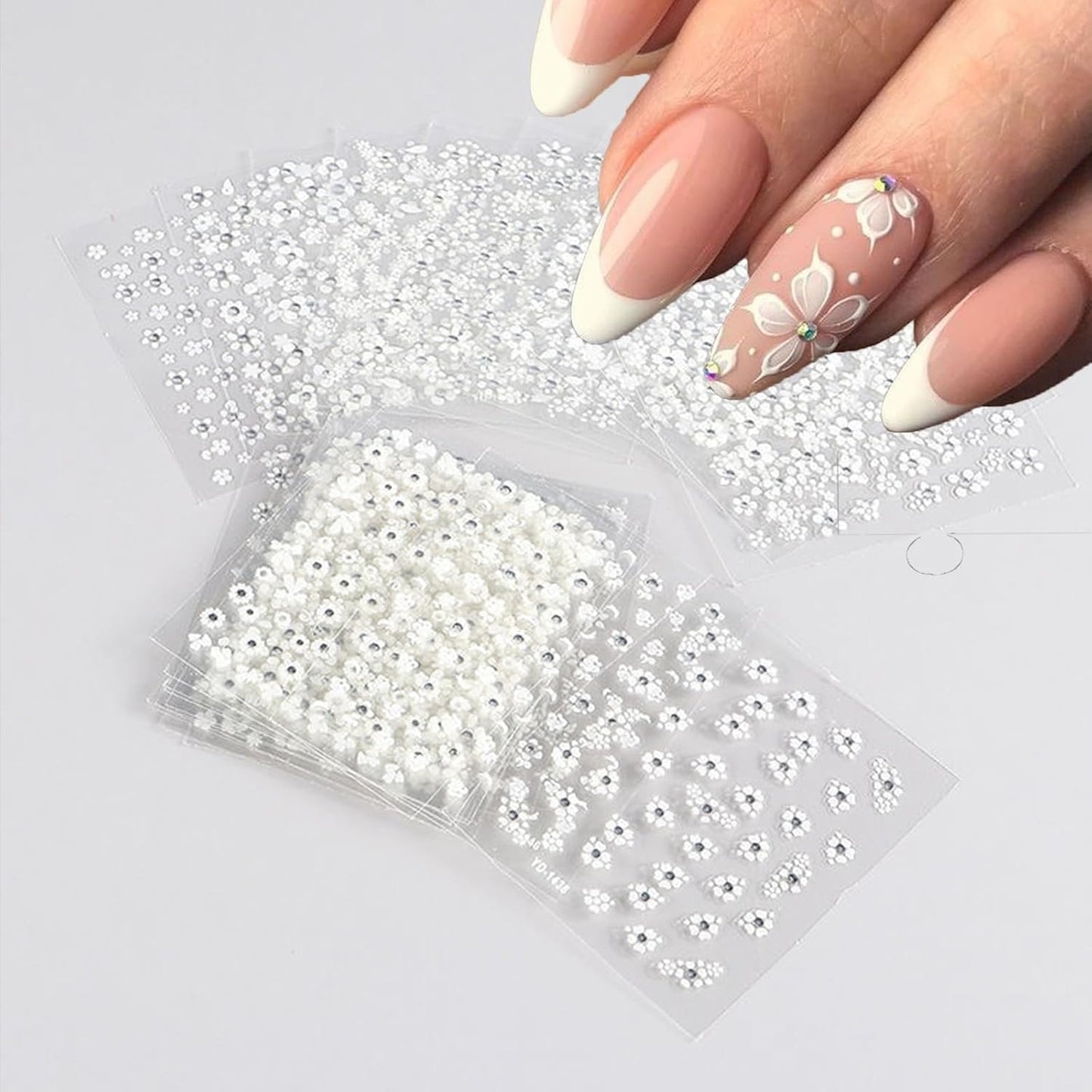 30 Sheets White Flower Nail Art Stickers with Rhinestones Designs - 3D Self Adhesive Nail Decals for Women & Girls