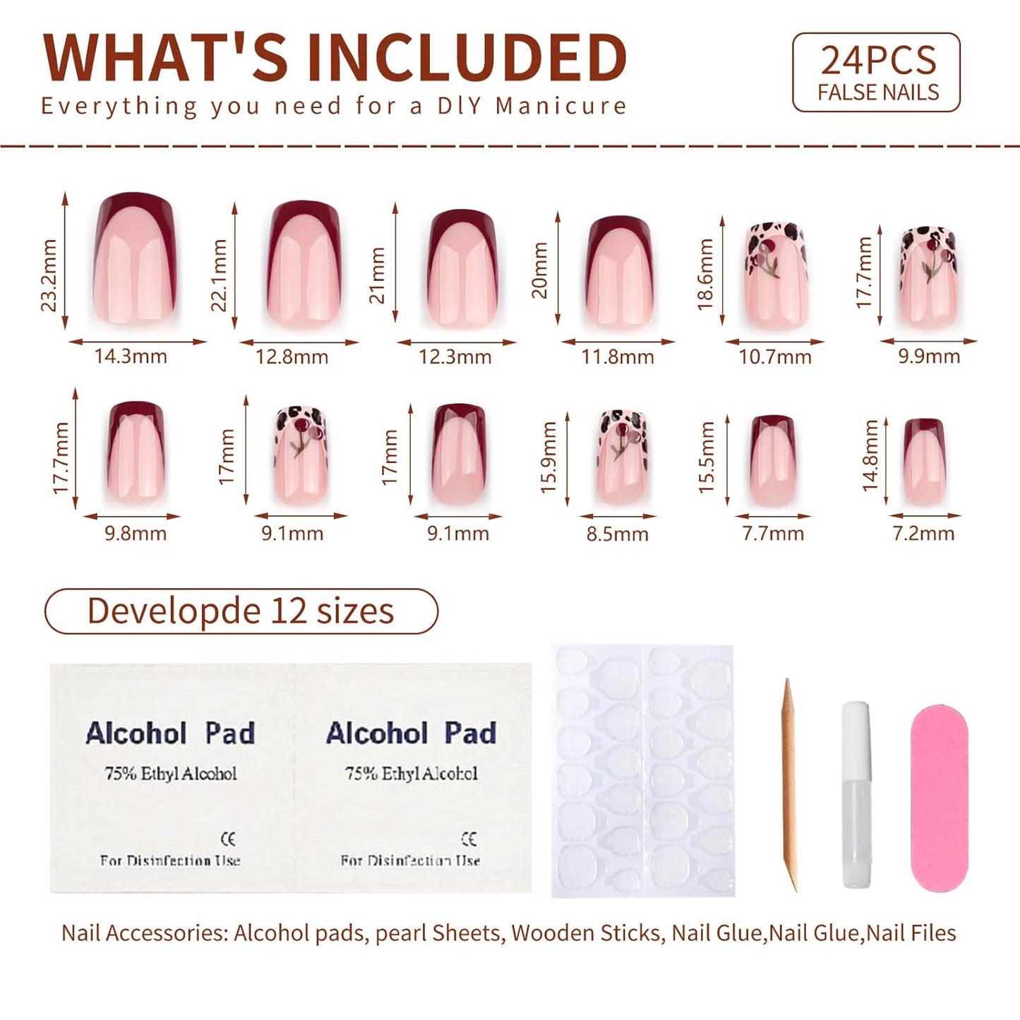 French Press On Nails Short Square, Pink Fake Nails with Leopard French Tips and Cherry Garnish Designs, Glossy Gel Finish Acrylic Press On Nails, Thick Natural Glue On Nails Kit, Leopard Cherry