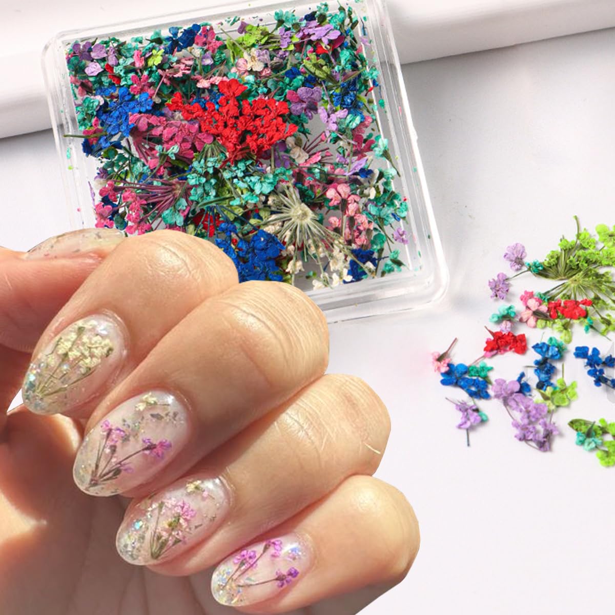 4Box 3D Dried Flowers Nail Art Stickers Colorful Dry Flower for Nails Kit - DIY Mini Mix Flower Petals Nail Stickers Natural Floral Dried Flower Decals for Nails Design Manicure Accessories Craft