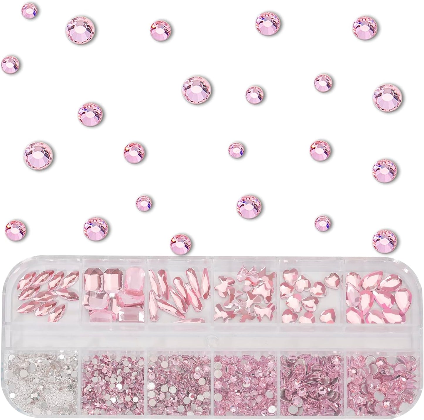Multi Shapes Light Pink 3D Glass Crystal Nail Rhinestones Kit Mix 0.8mm Silver Nail Round Beads Charm Flatback Gems 5 Grids Flatback Rhinestones Stone Diamond for Manicure Makeup DIY Decoration