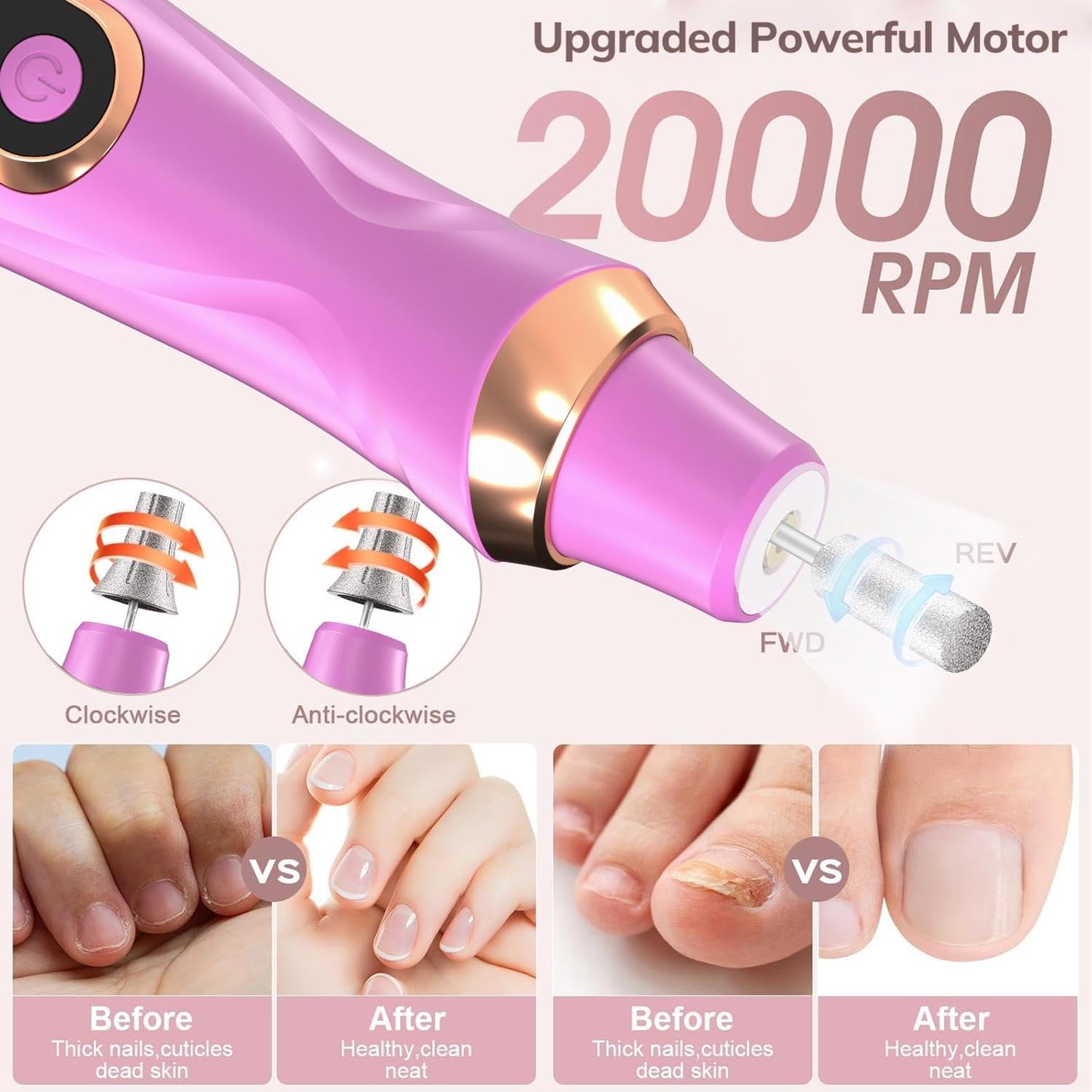 Professional Manicure Pedicure Kit Cordless Electric Nail File Set 6 Speed Cordless Nail Drill for Thick Nail Toenail Cuticle Hand Foot Care Nail Drill Tool(Purple)